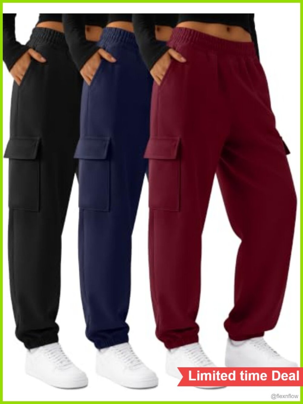 3 Pack Women's Cargo Joggers Baggy Sweatpants High Rise Drawstring Polyester